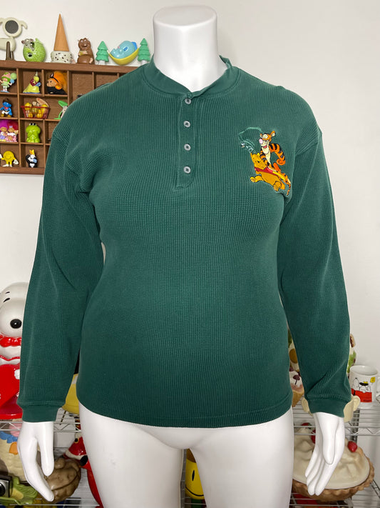 90s Green Waffle Knit Embroidered Pooh Long Sleeve Sz L