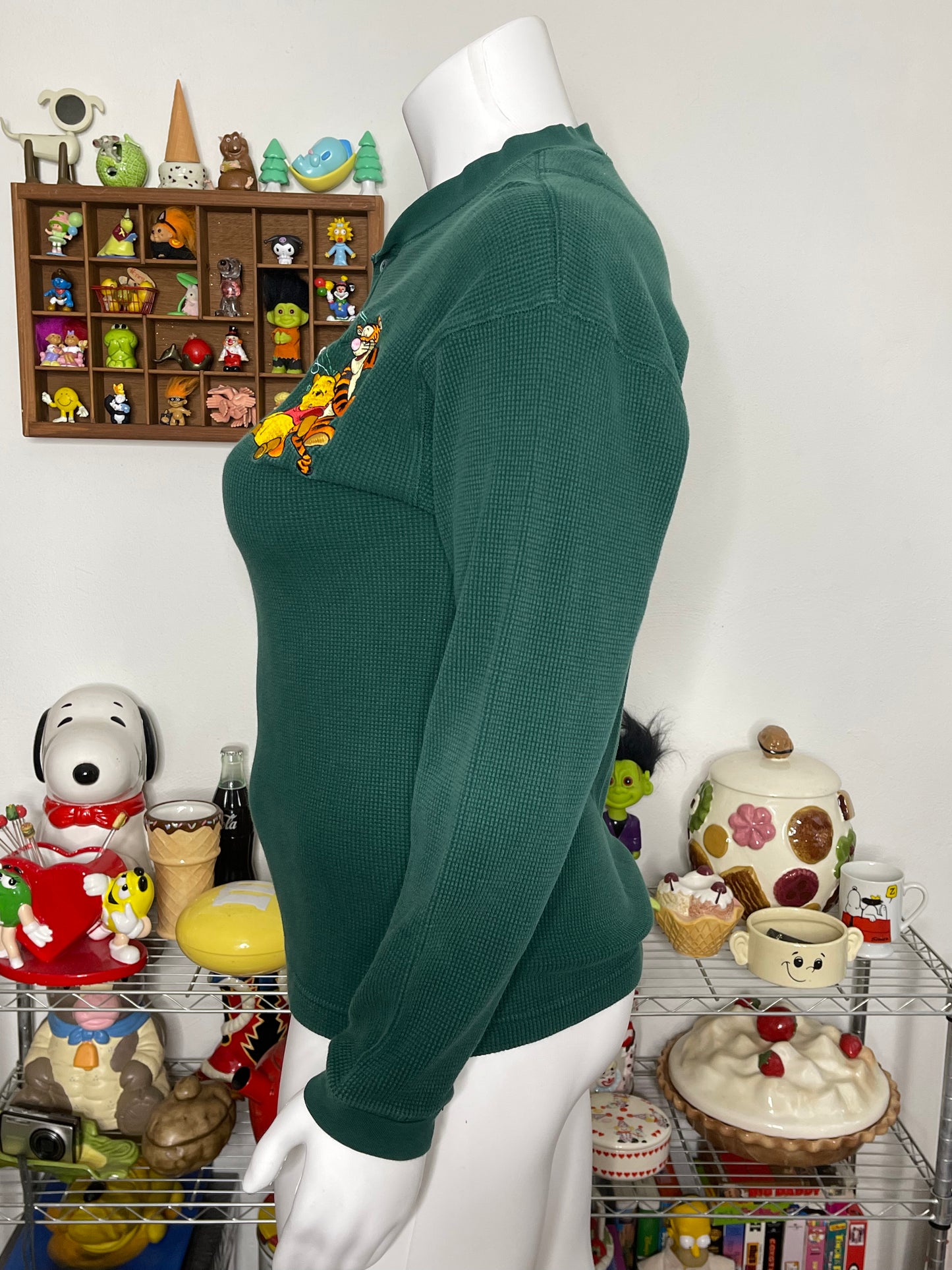 90s Green Waffle Knit Embroidered Pooh Long Sleeve Sz L