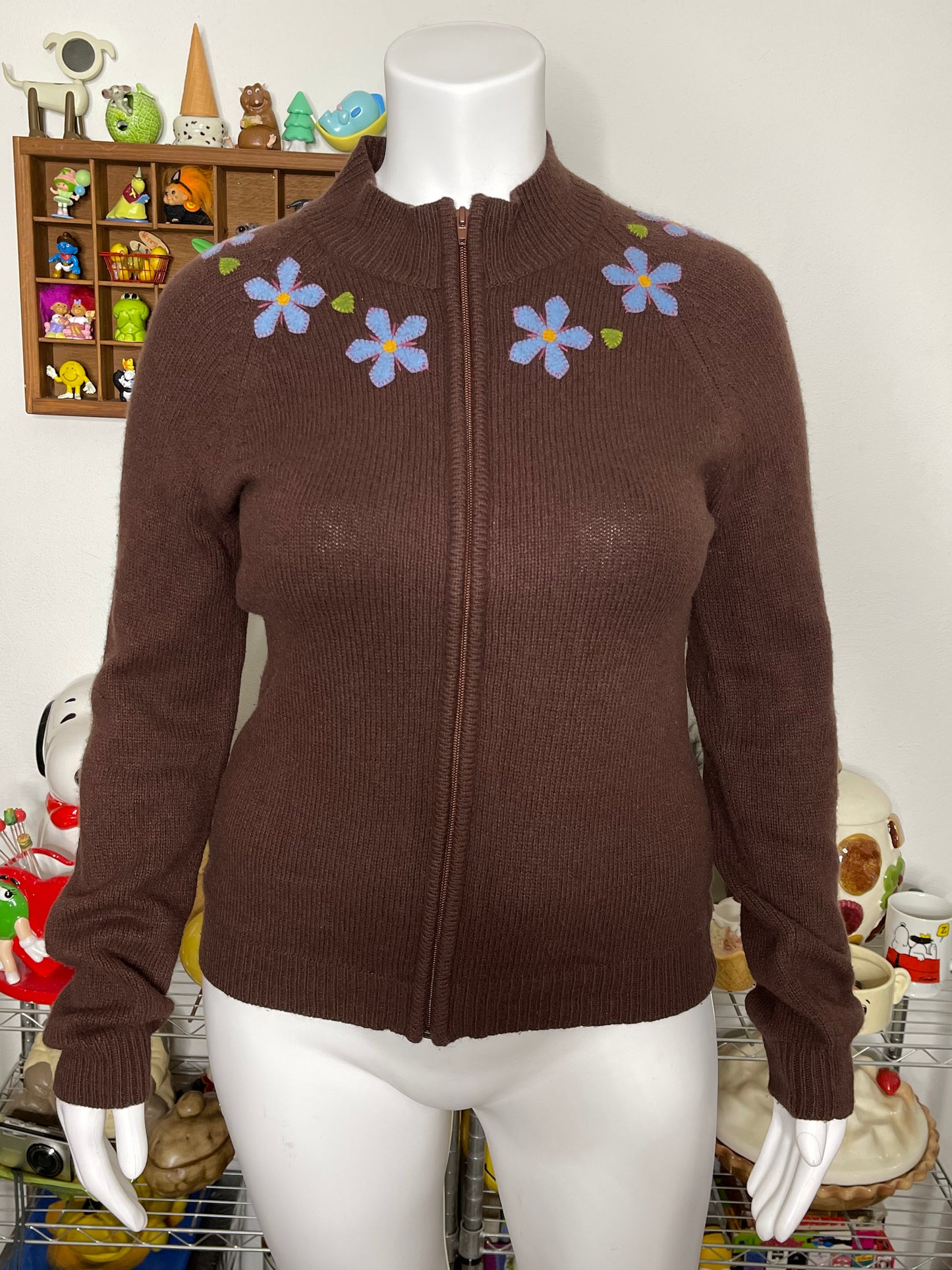 2000s Brown Floral Patchwork Knit Zip-Up Sweater Sz L