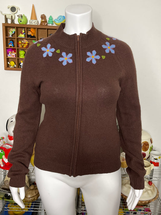 2000s Brown Floral Patchwork Knit Zip-Up Sweater Sz L