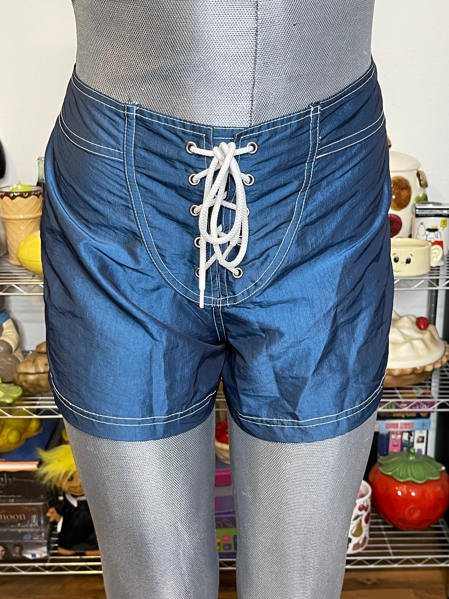 Vintage Blue Iridescent Chrome Surf Shorts Sz 28in