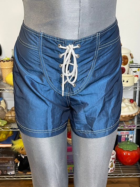 Vintage Blue Iridescent Chrome Surf Shorts Sz 28in