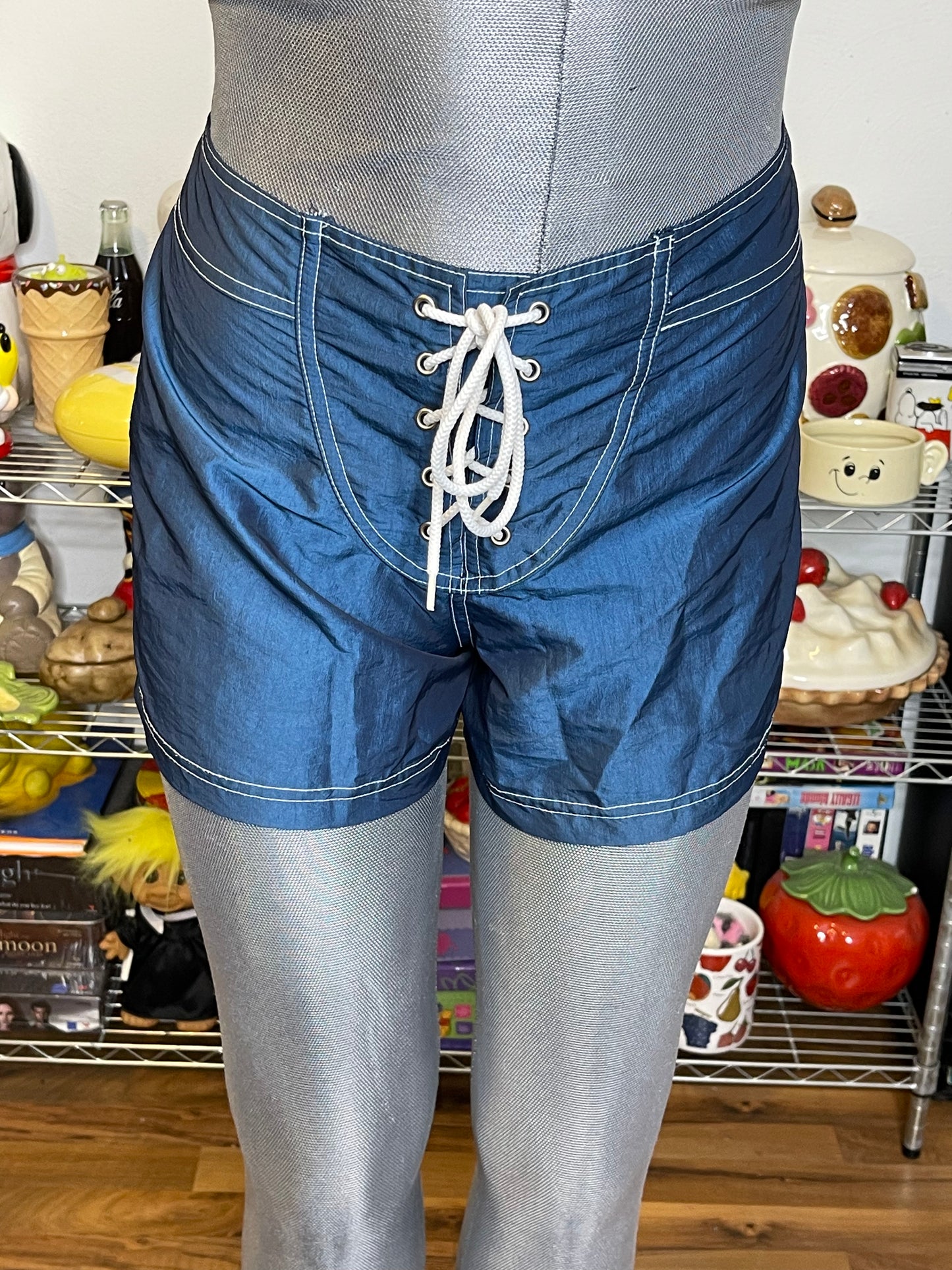 Vintage Blue Iridescent Chrome Surf Shorts Sz 28in