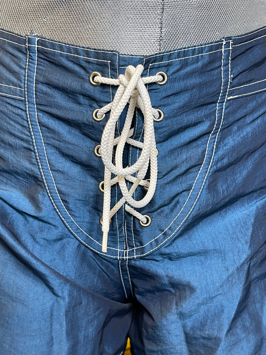 Vintage Blue Iridescent Chrome Surf Shorts Sz 28in