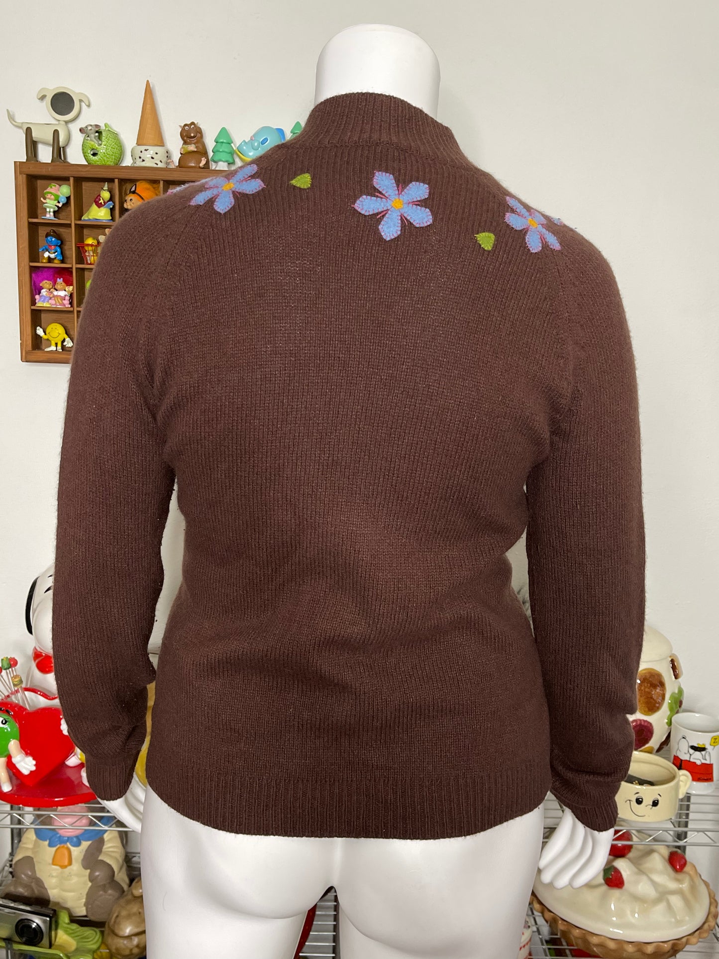 2000s Brown Floral Patchwork Knit Zip-Up Sweater Sz L