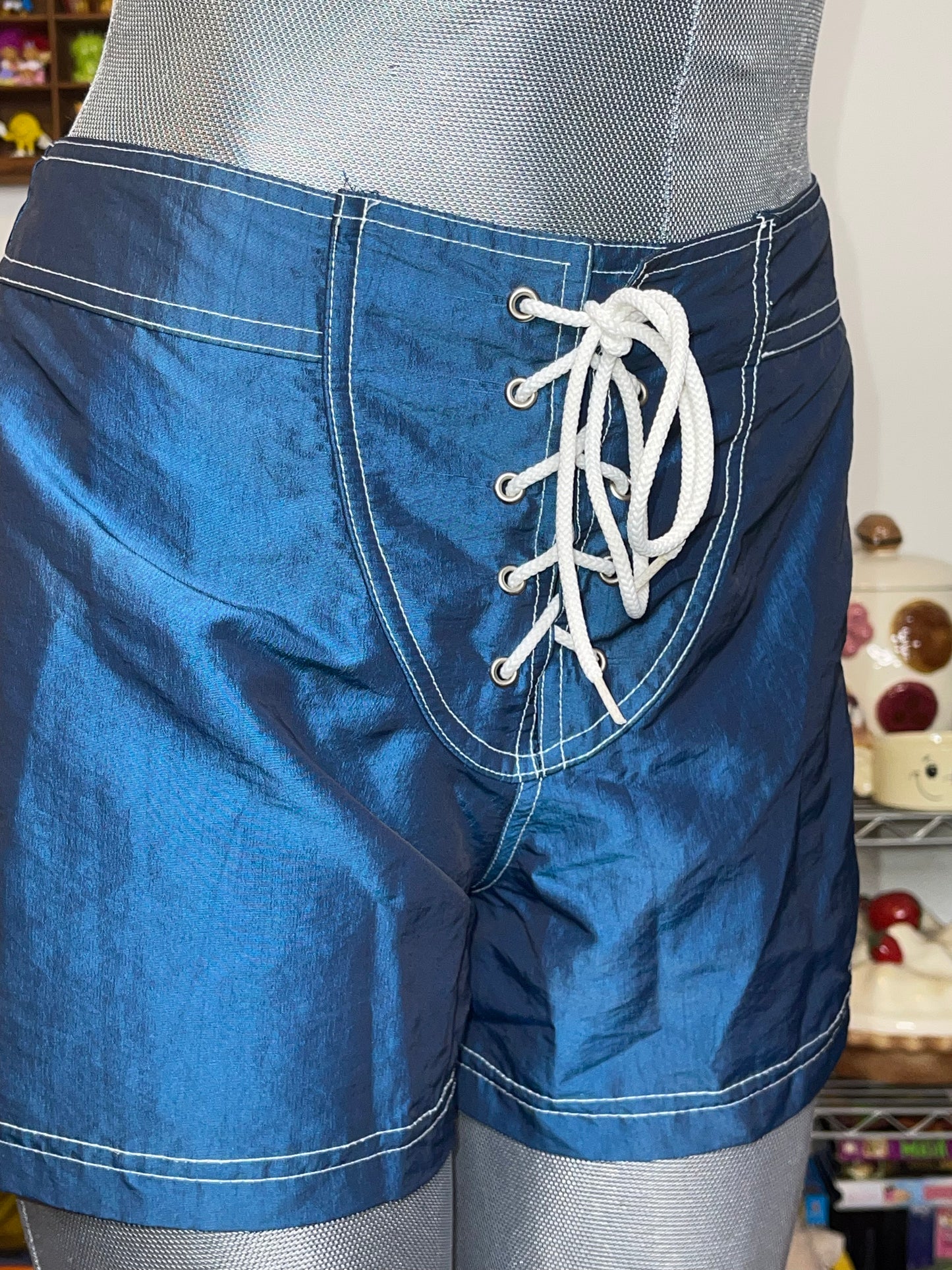 Vintage Blue Iridescent Chrome Surf Shorts Sz 28in
