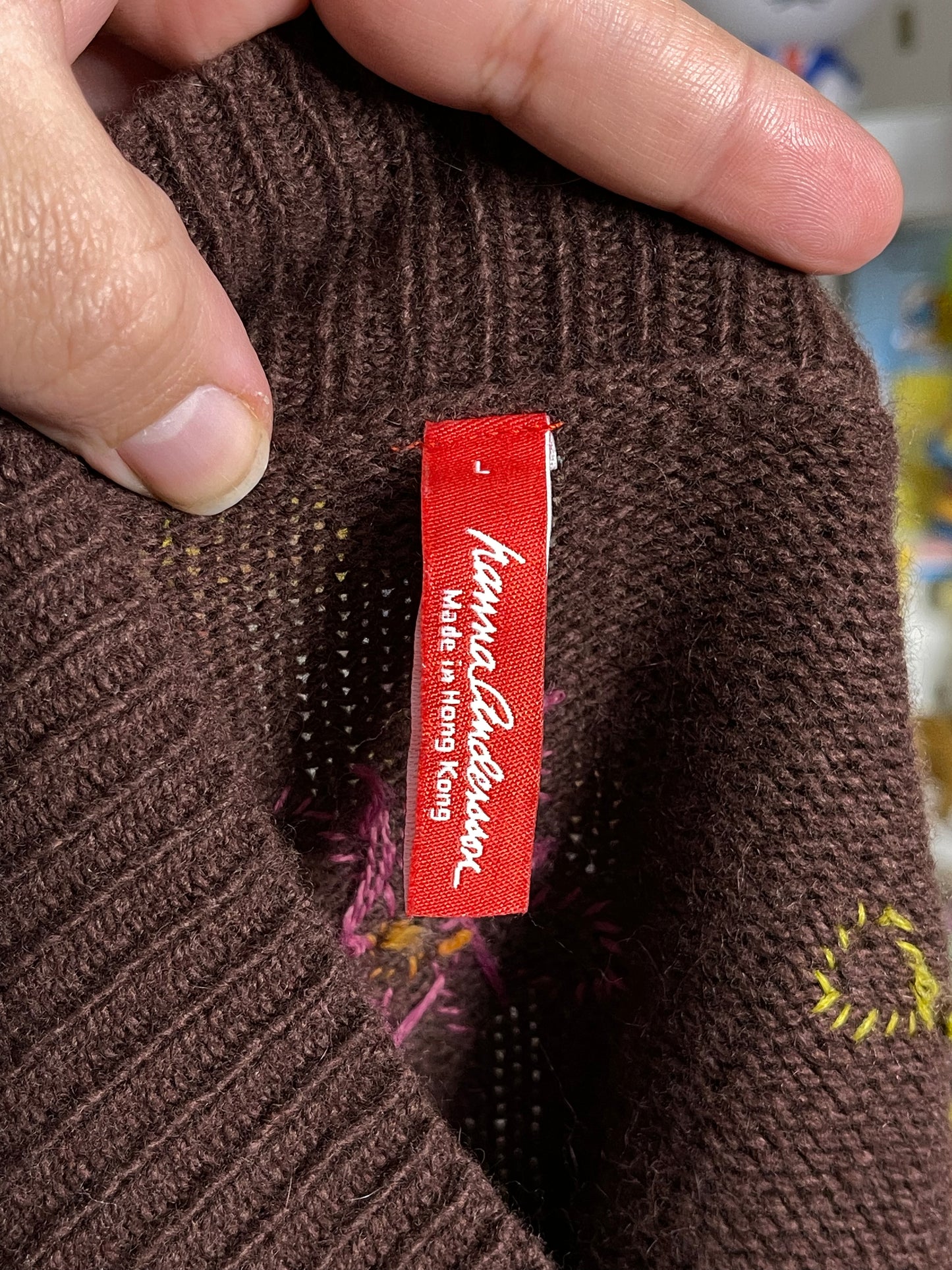 2000s Brown Floral Patchwork Knit Zip-Up Sweater Sz L