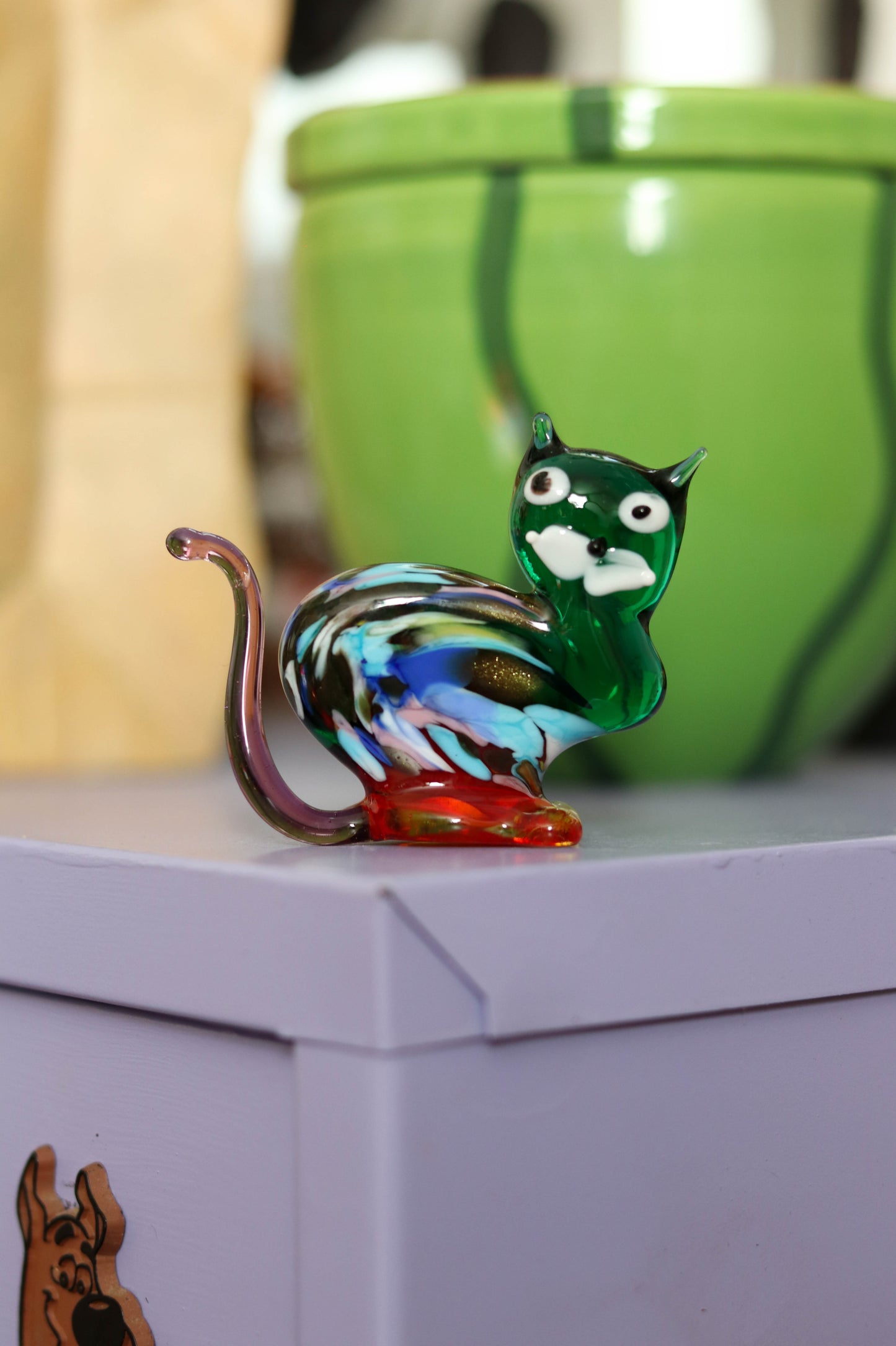 Small Green Multi Color Glass Cat Trinket