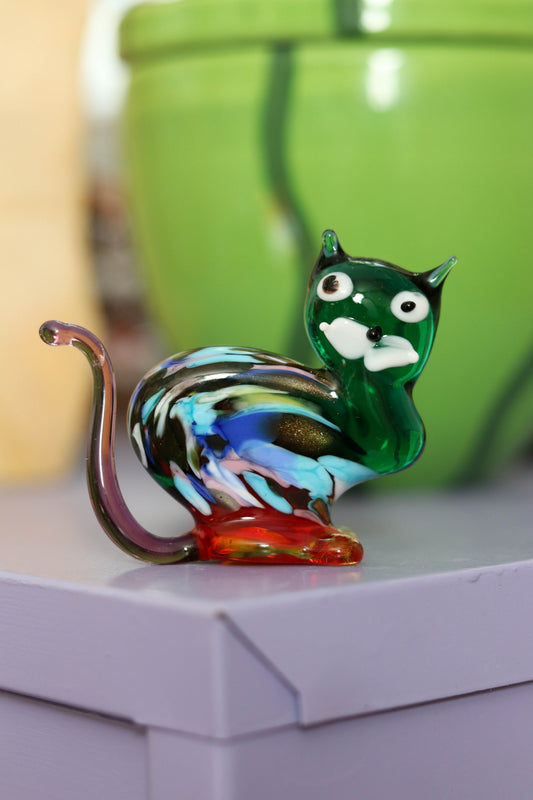 Small Green Multi Color Glass Cat Trinket