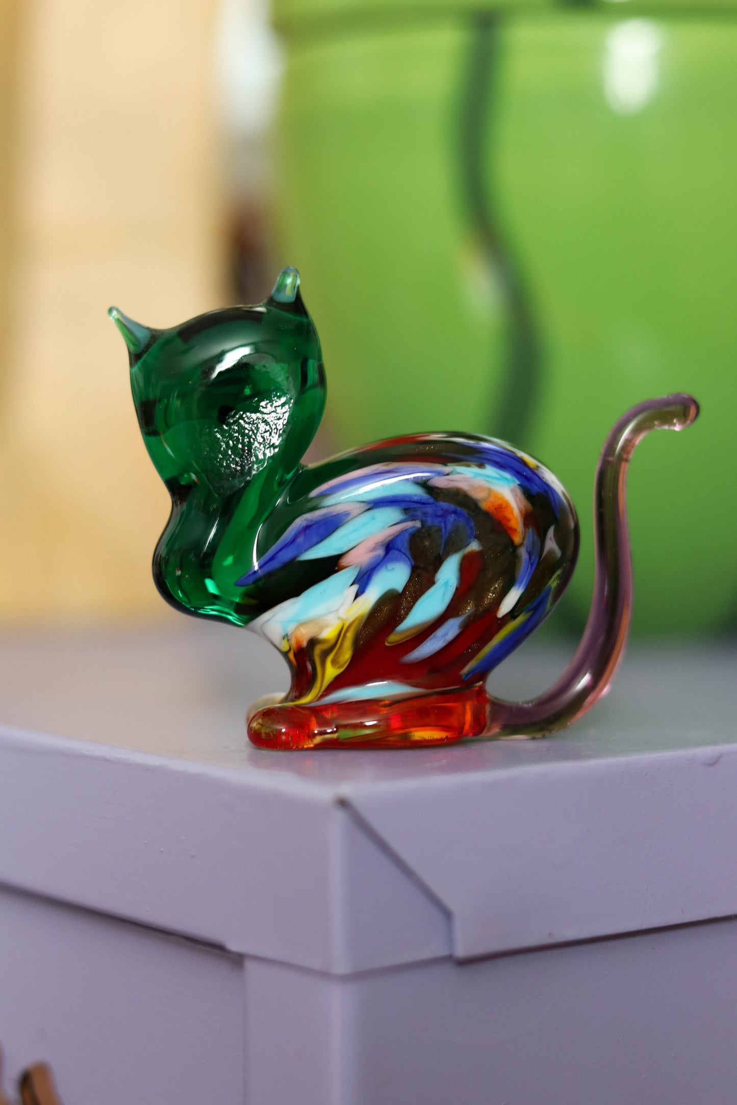 Small Green Multi Color Glass Cat Trinket