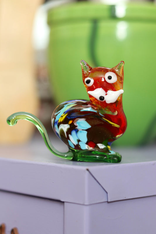 Small Orange Multi Color Glass Cat Trinket