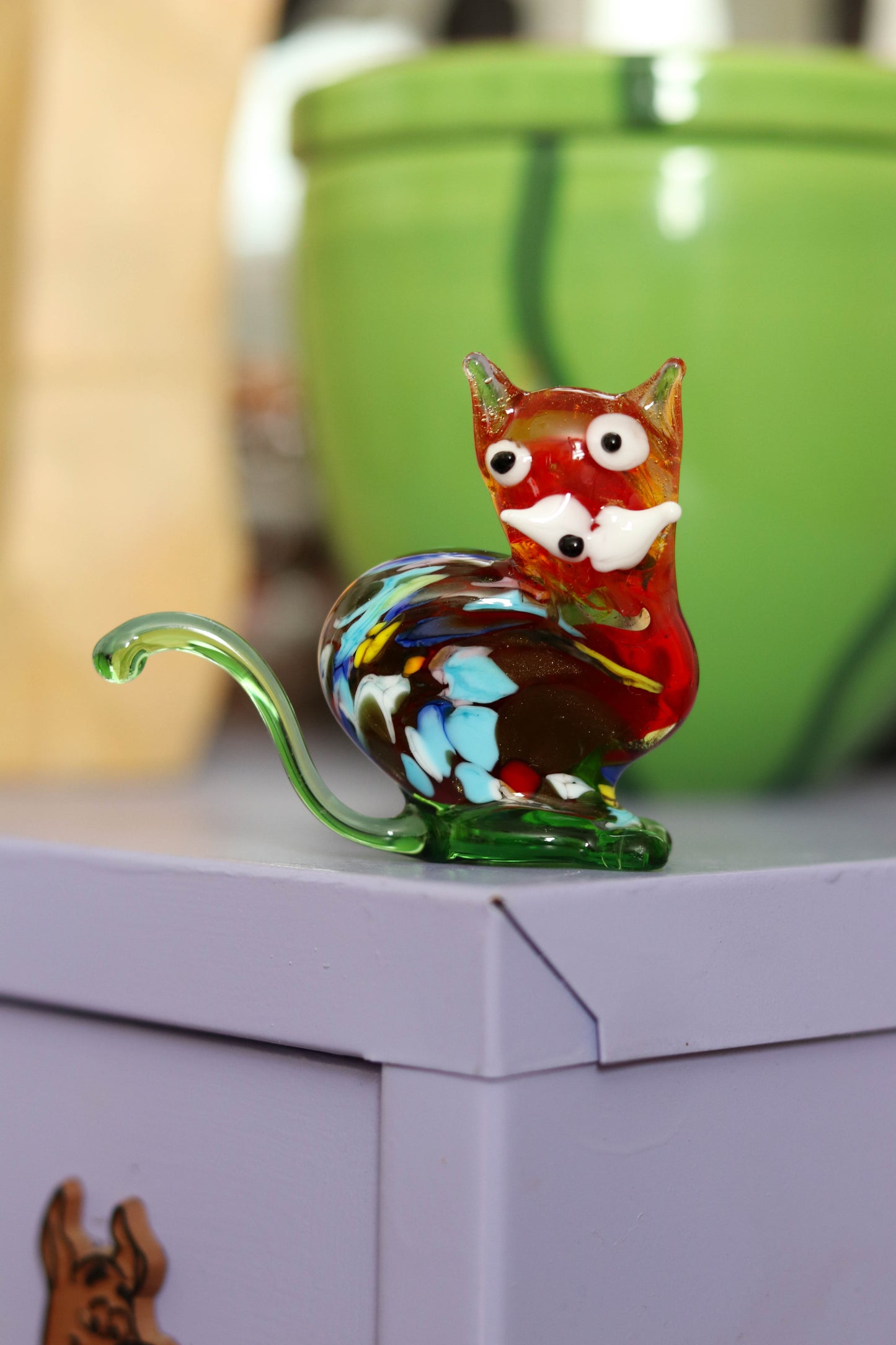 Small Orange Multi Color Glass Cat Trinket