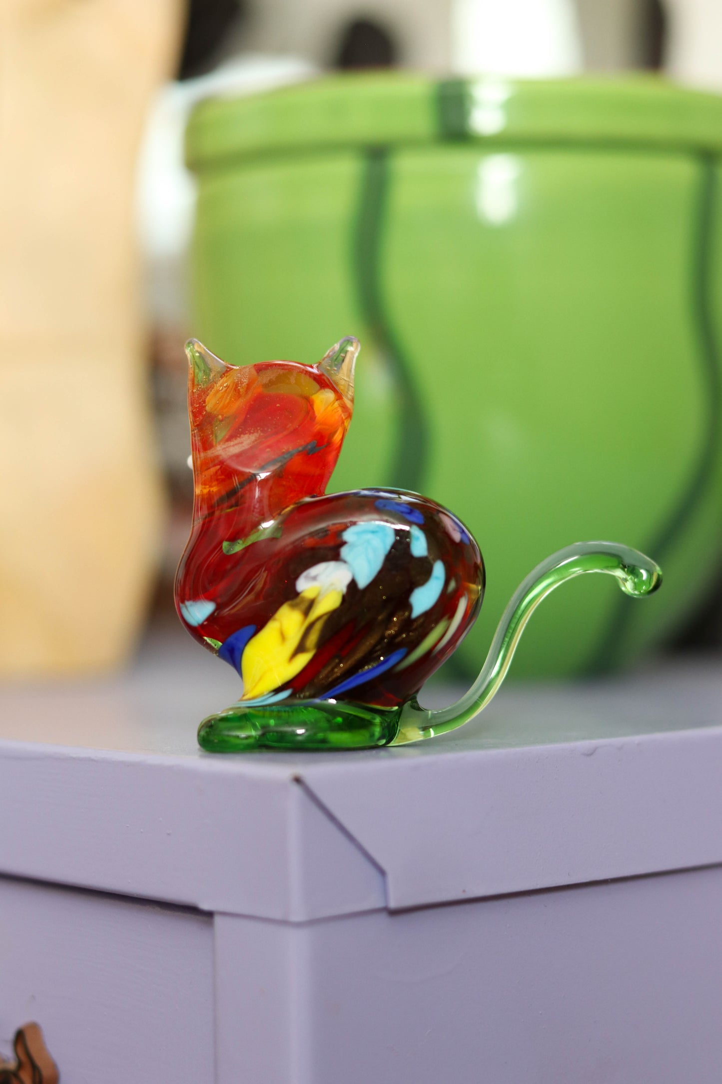 Small Orange Multi Color Glass Cat Trinket