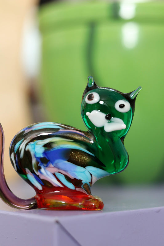 Small Green Multi Color Glass Cat Trinket