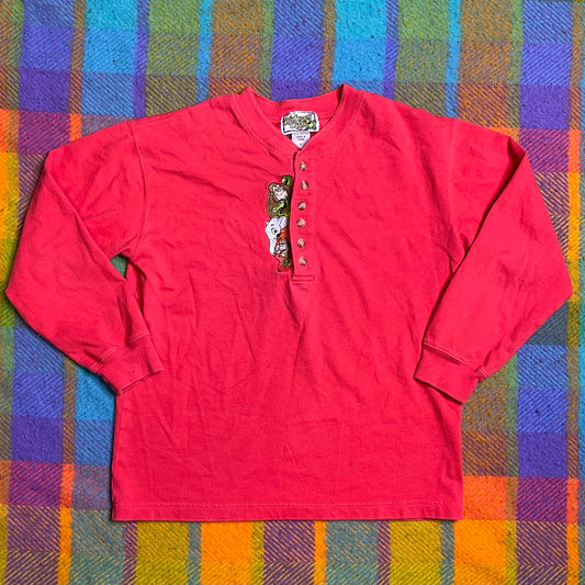 2000s Embroidered Rainbow Forest Cafe Red Kids Tee Sz L