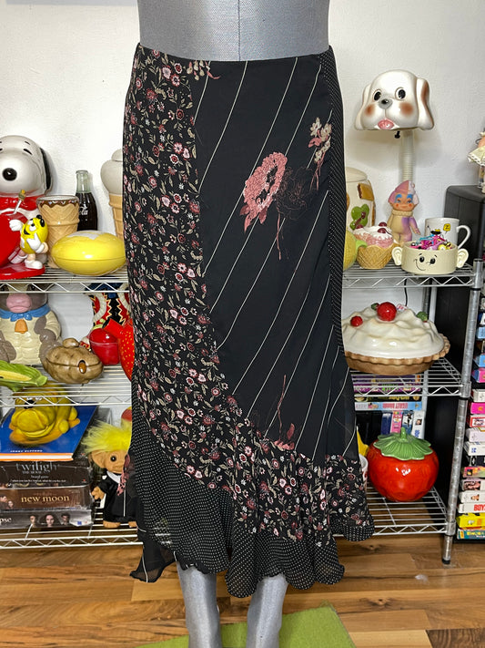 2000s Sheer Floral Polka Dot Patchwork Style Maxi Skirt Sz L