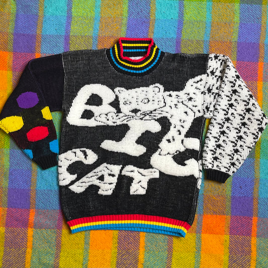Vintage Colorful Big Cat Leopard Knit Kids Sweater Sz XL