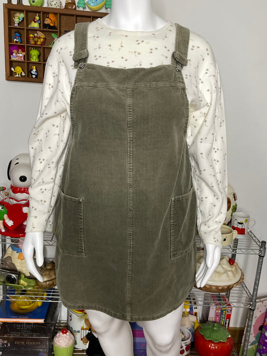90s Faded Olive Green Corduroy Overall Dress Sz XL