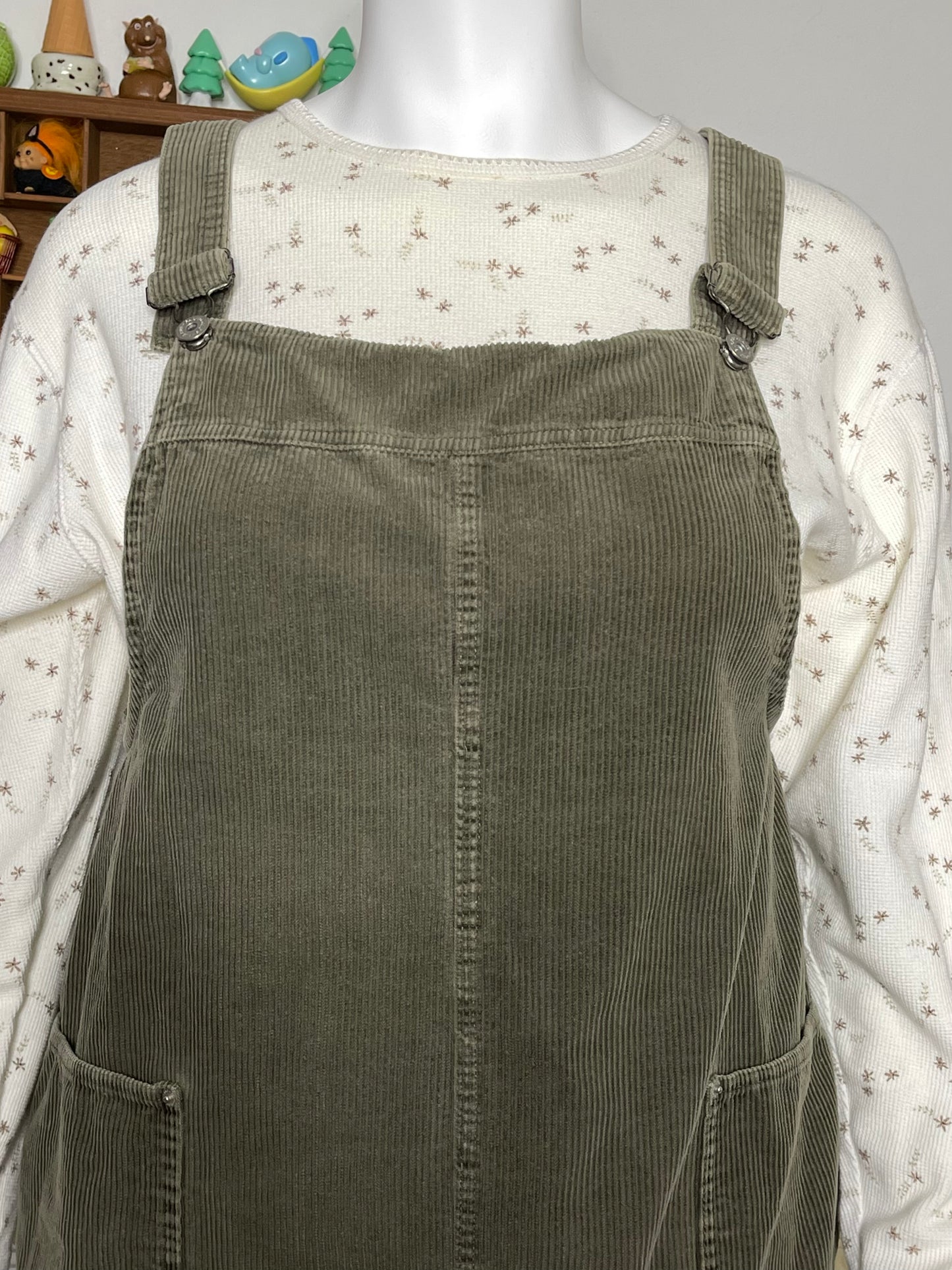 90s Faded Olive Green Corduroy Overall Dress Sz XL