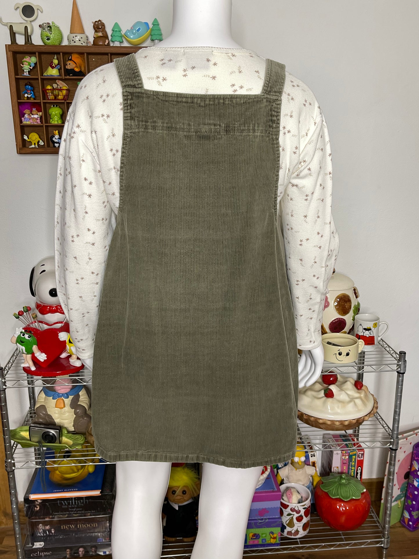 90s Faded Olive Green Corduroy Overall Dress Sz XL