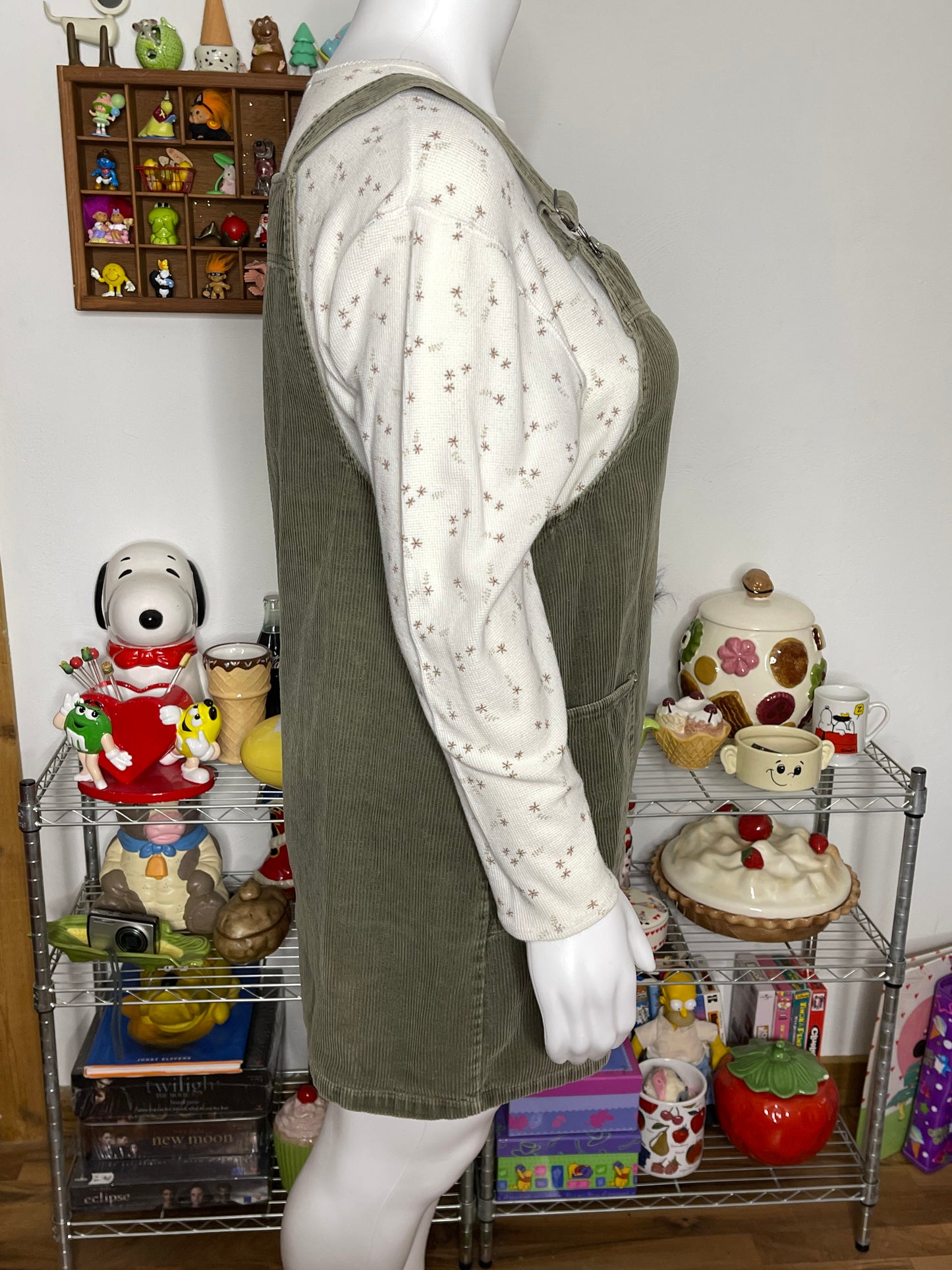 90s Faded Olive Green Corduroy Overall Dress Sz XL