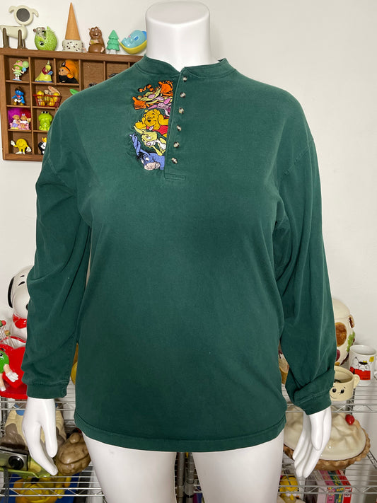 90s Winnie the pooh & friends green emboridered long sleeve sz XL