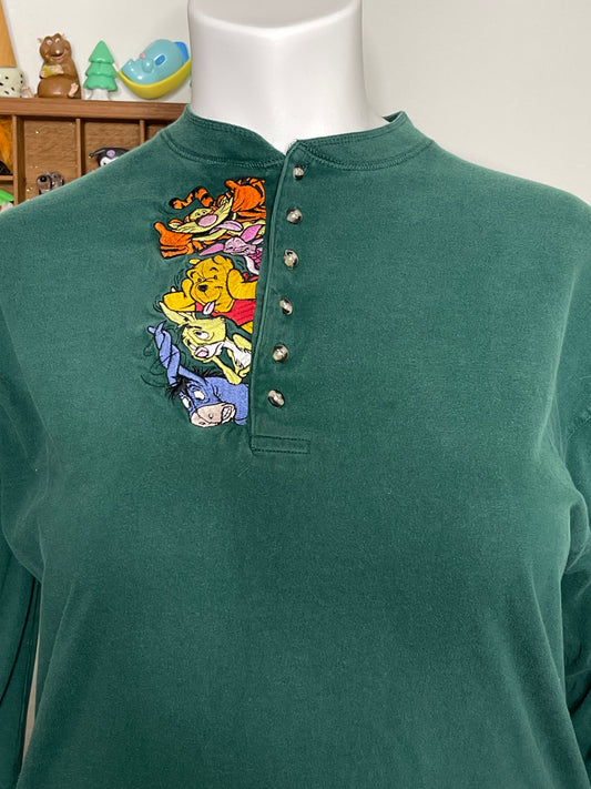 90s Winnie the pooh & friends green emboridered long sleeve sz XL
