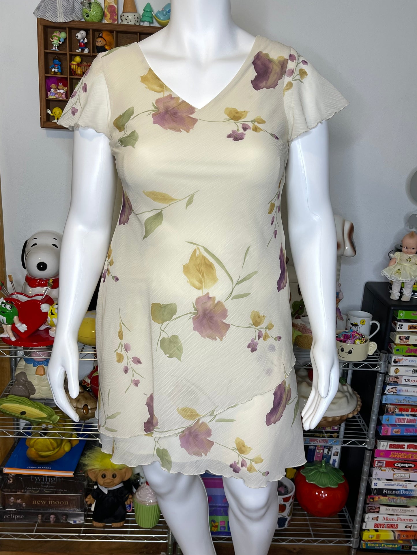 Vintage Cream Sheer Layered Floral Midi Dress Sz L/P