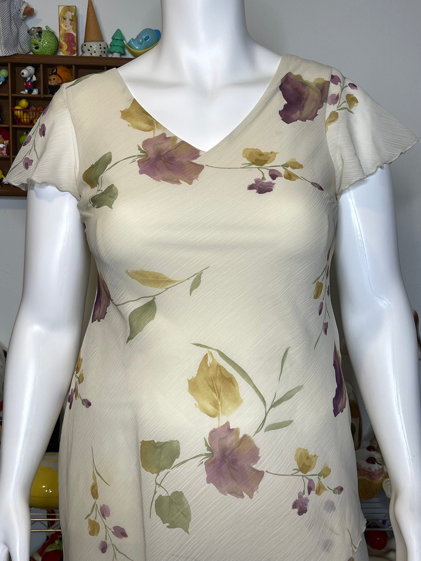 Vintage Cream Sheer Layered Floral Midi Dress Sz L/P