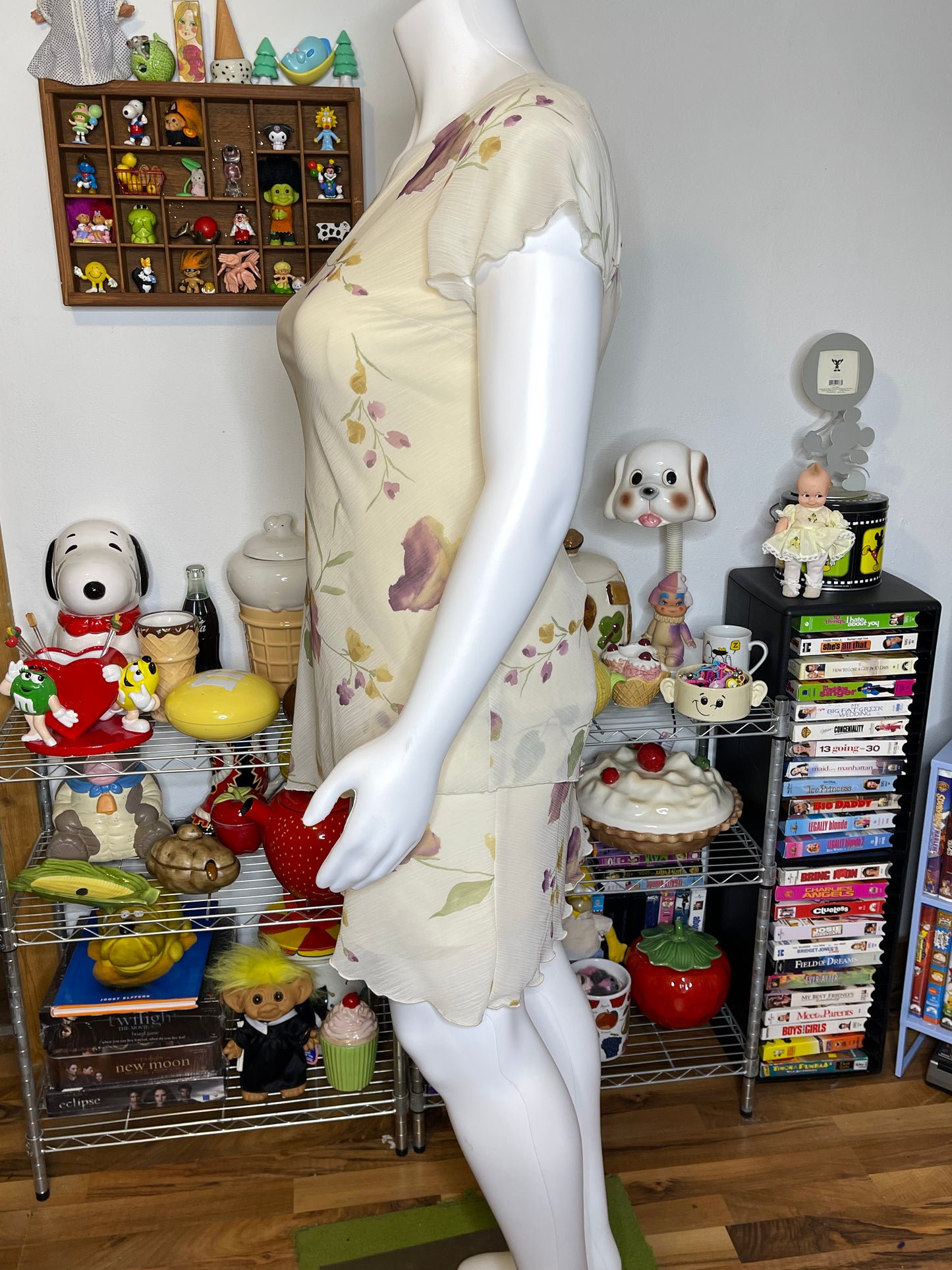 Vintage Cream Sheer Layered Floral Midi Dress Sz L/P