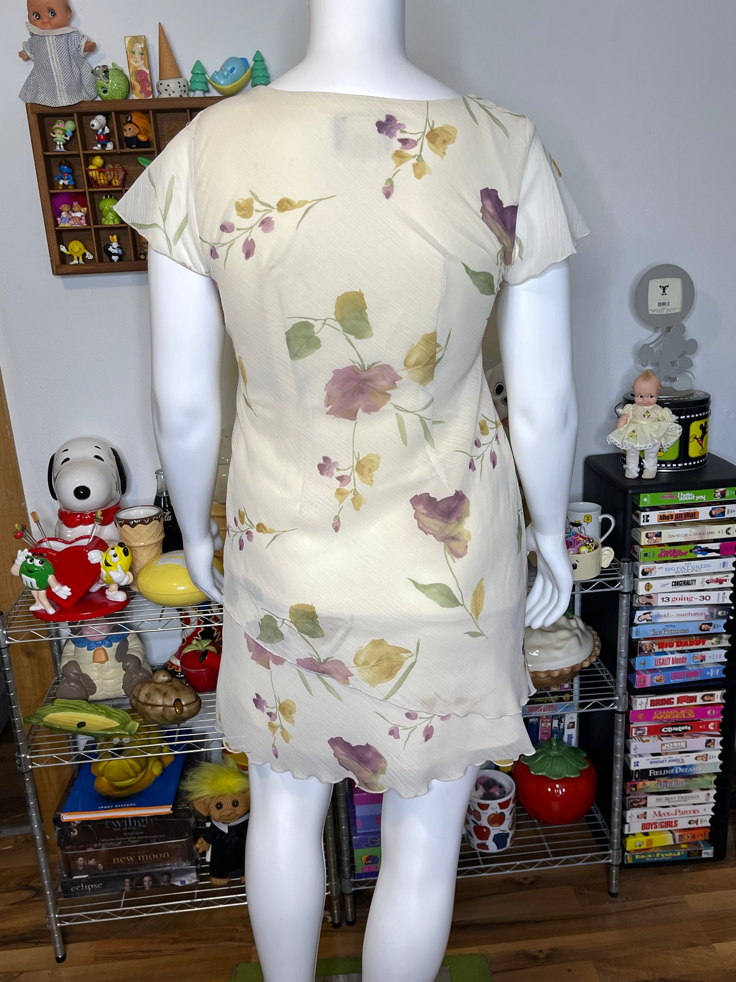 Vintage Cream Sheer Layered Floral Midi Dress Sz L/P