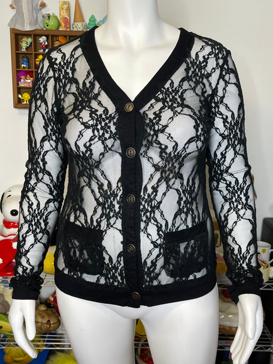 2000s Black Floral Sheer Lace Cardigan Sz L