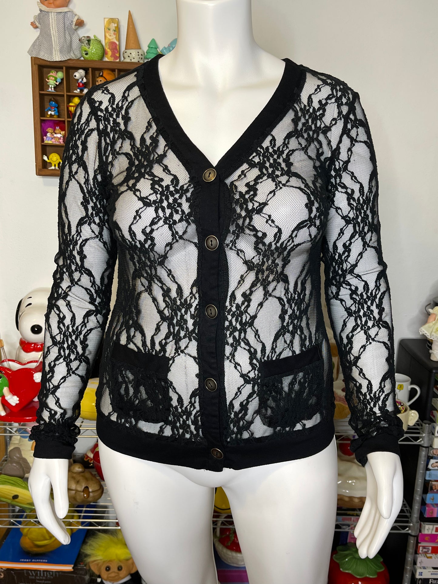 2000s Black Floral Sheer Lace Cardigan Sz L