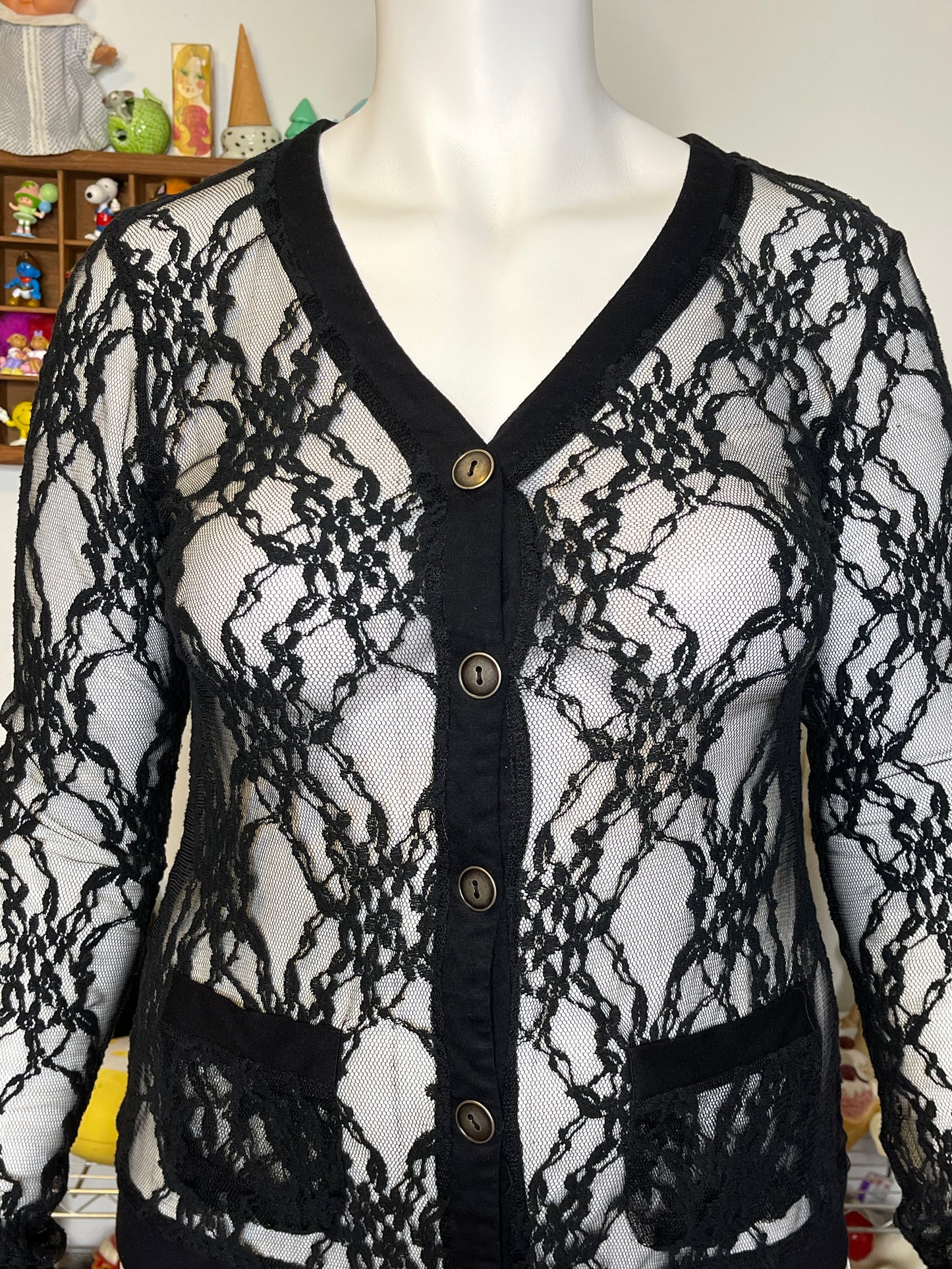 2000s Black Floral Sheer Lace Cardigan Sz L