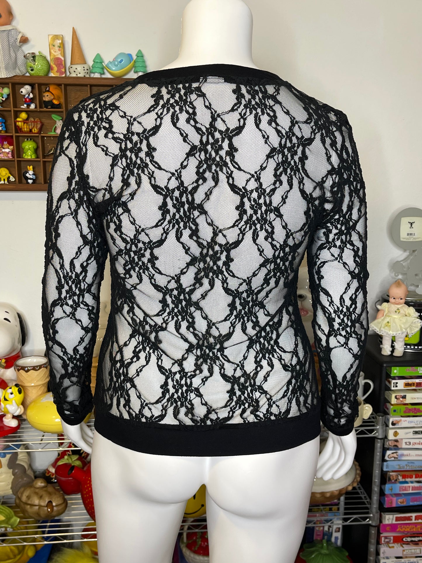 2000s Black Floral Sheer Lace Cardigan Sz L