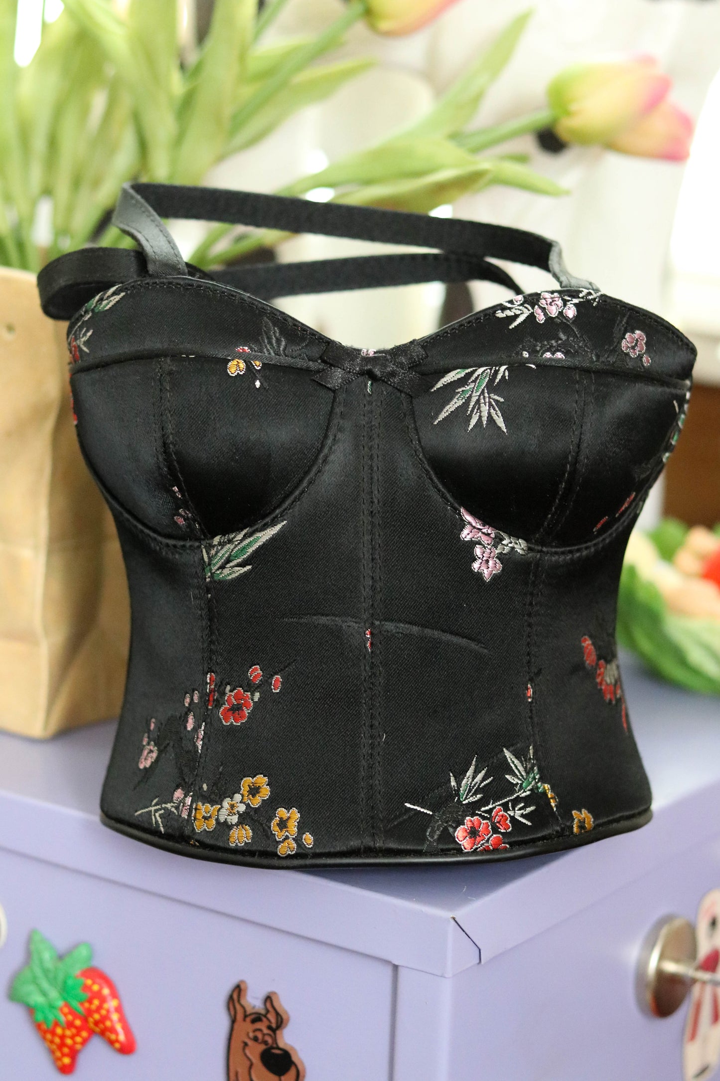 2000s Deadstock Black Floral Bustier Purse