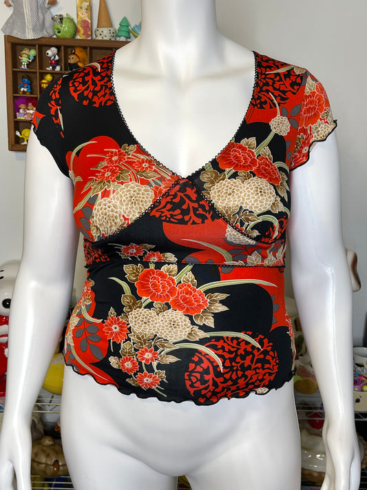 Vintage Red & Black Floral Print V-Neck Top Sz M/L