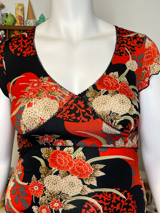 Vintage Red & Black Floral Print V-Neck Top Sz M/L