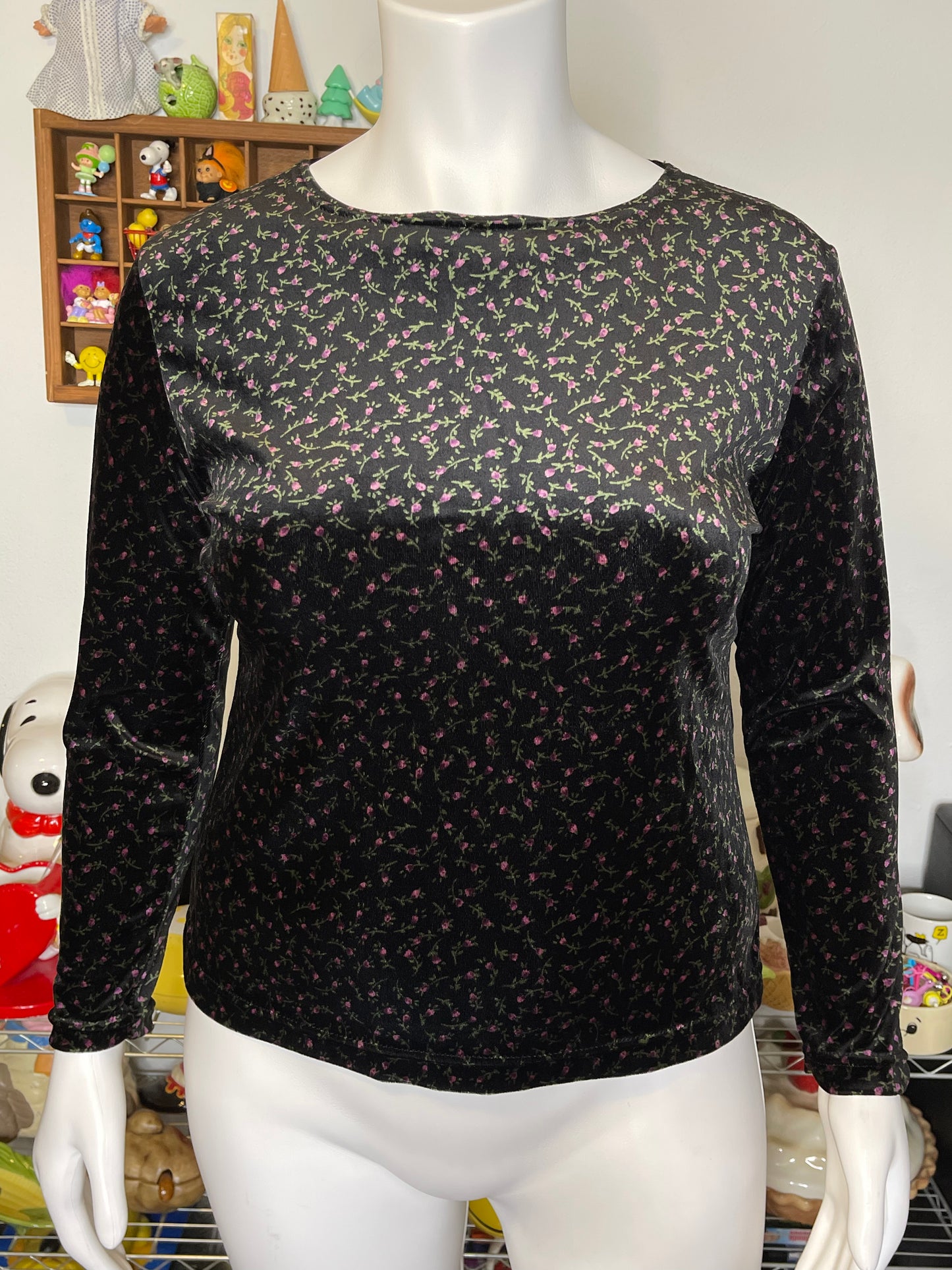 Vintage Flower Print Black Velour Velvet Long Sleeve Sz L/XL