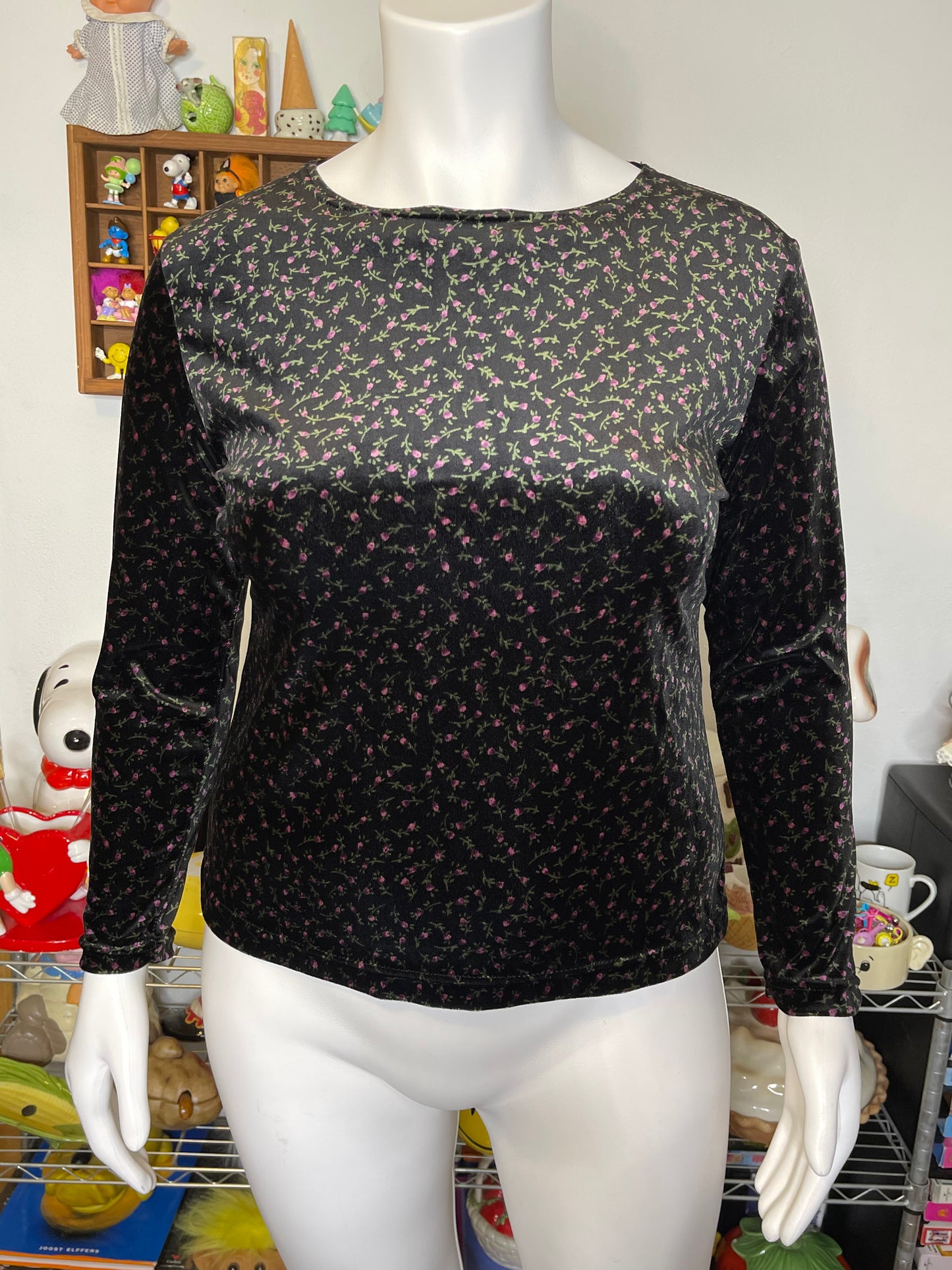 Vintage Flower Print Black Velour Velvet Long Sleeve Sz L/XL