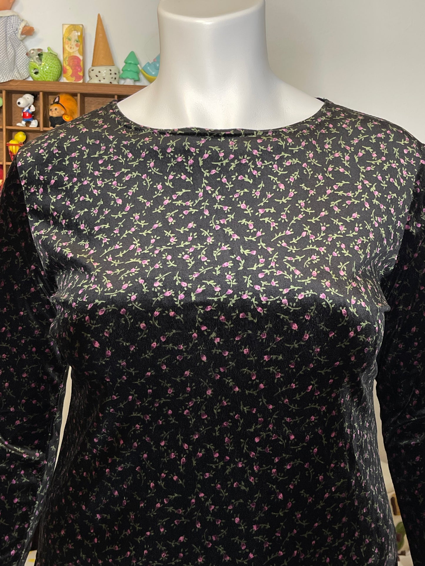 Vintage Flower Print Black Velour Velvet Long Sleeve Sz L/XL