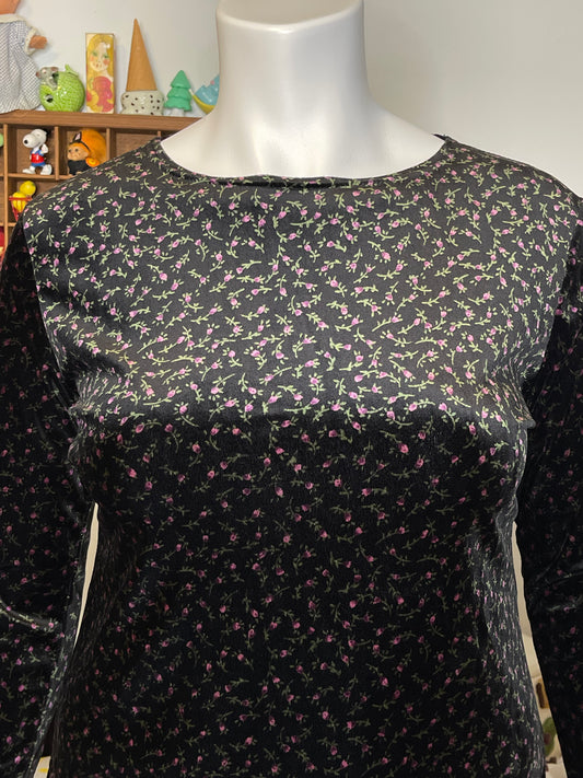Vintage Flower Print Black Velour Velvet Long Sleeve Sz L/XL