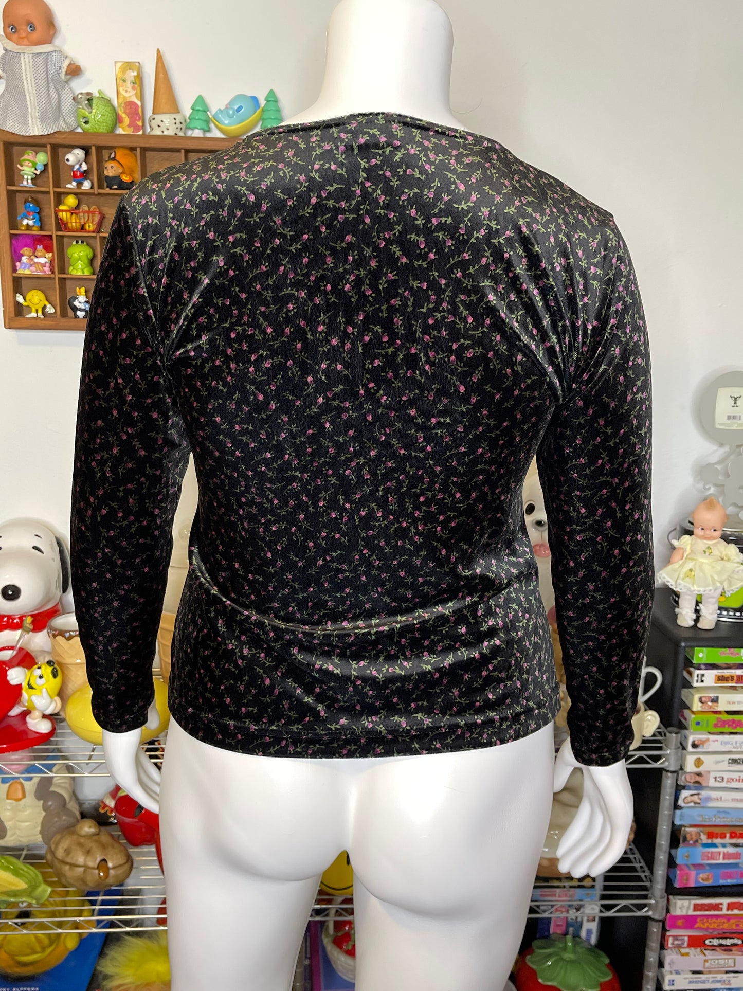 Vintage Flower Print Black Velour Velvet Long Sleeve Sz L/XL