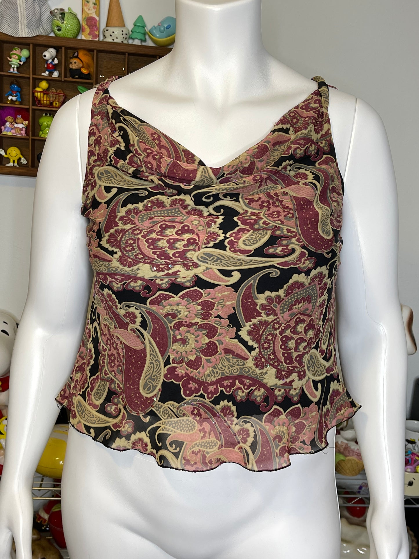 2000s Fairy Paisley Sequin Cowl Neck Tank Sz L