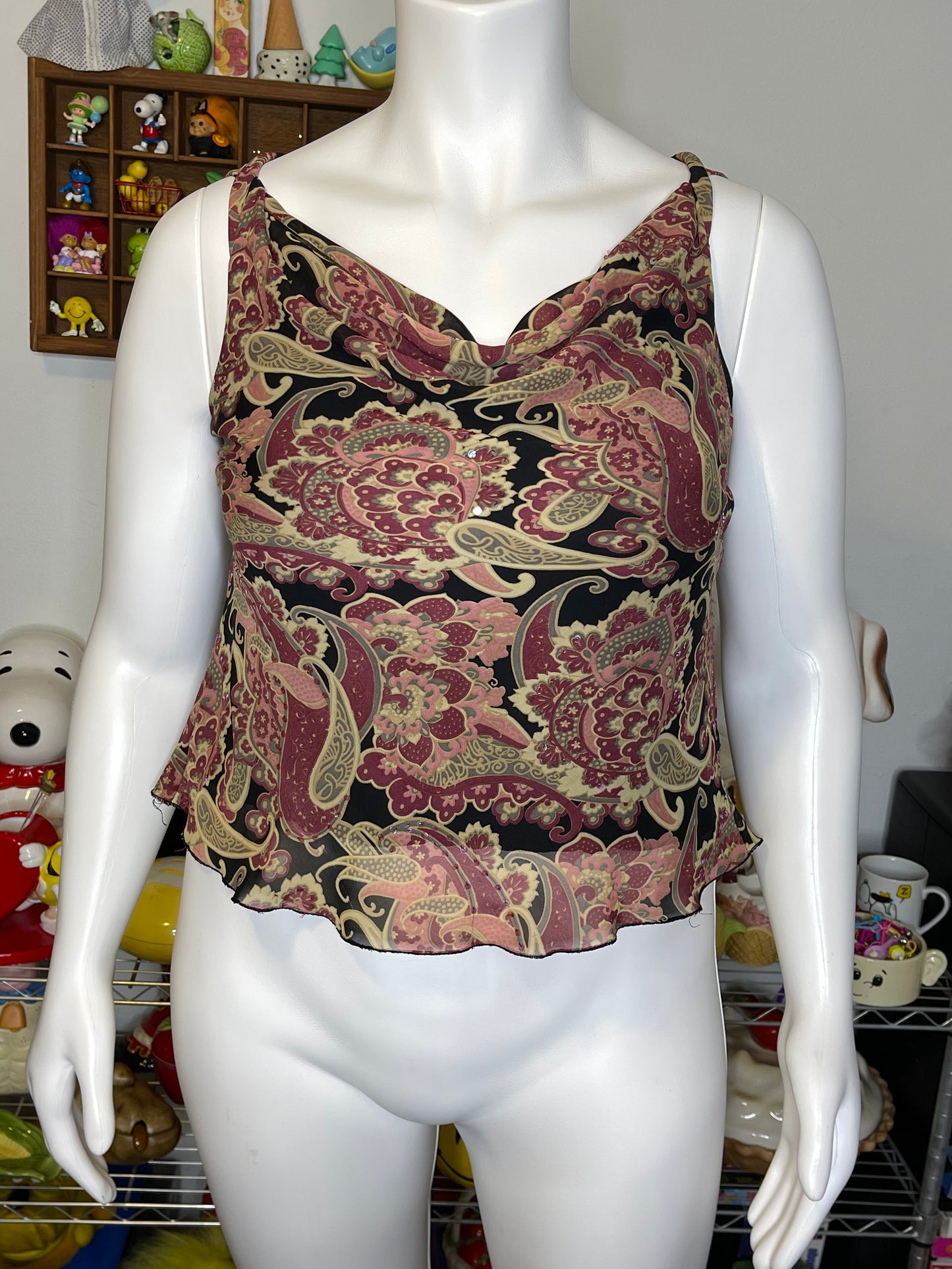 2000s Fairy Paisley Sequin Cowl Neck Tank Sz L