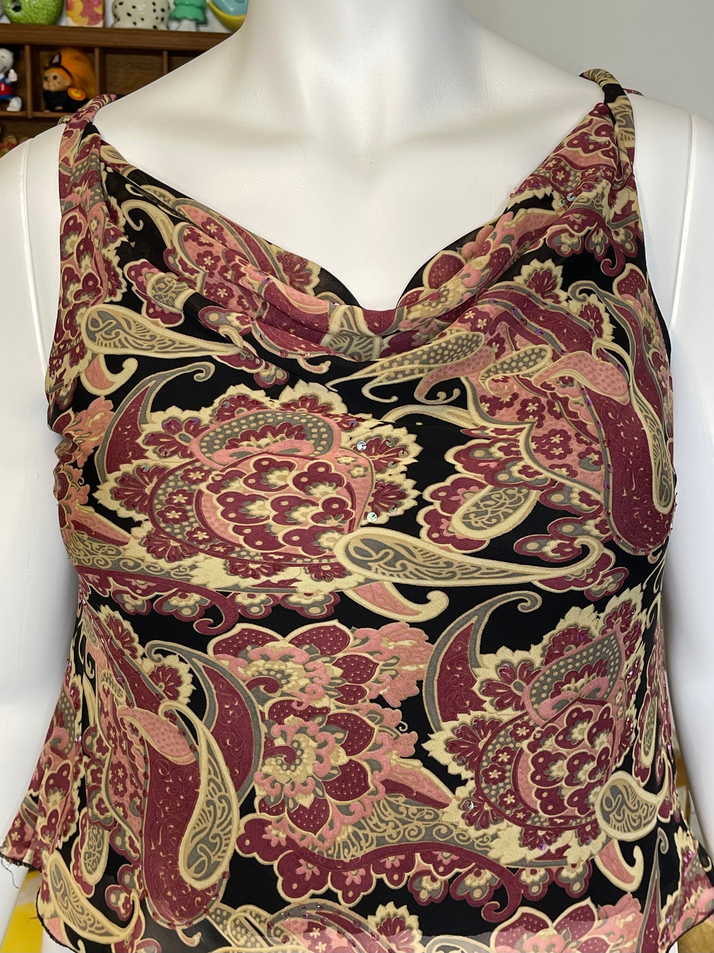 2000s Fairy Paisley Sequin Cowl Neck Tank Sz L