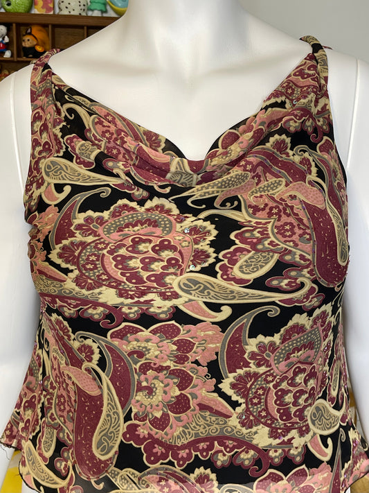 2000s Fairy Paisley Sequin Cowl Neck Tank Sz L