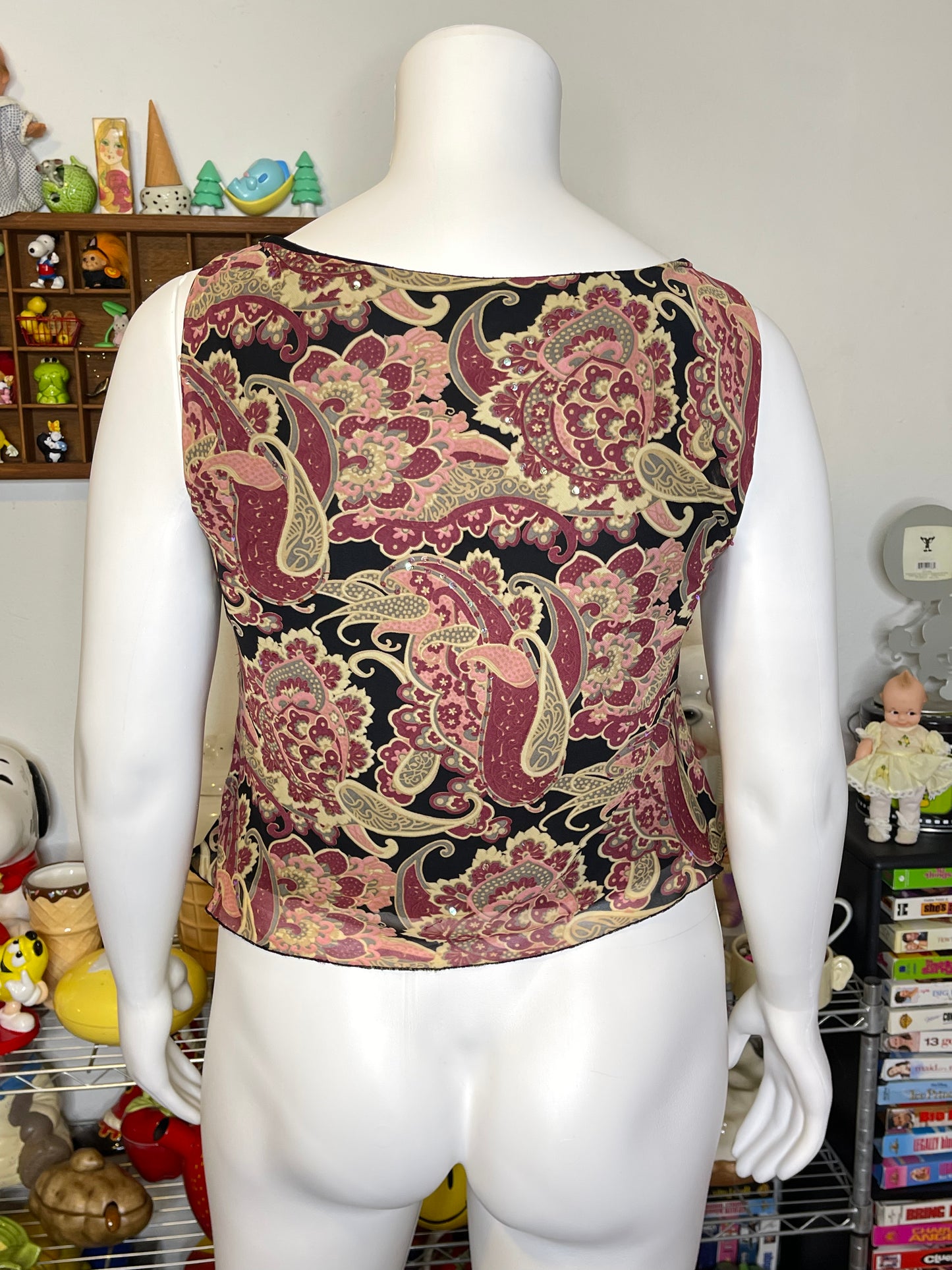2000s Fairy Paisley Sequin Cowl Neck Tank Sz L
