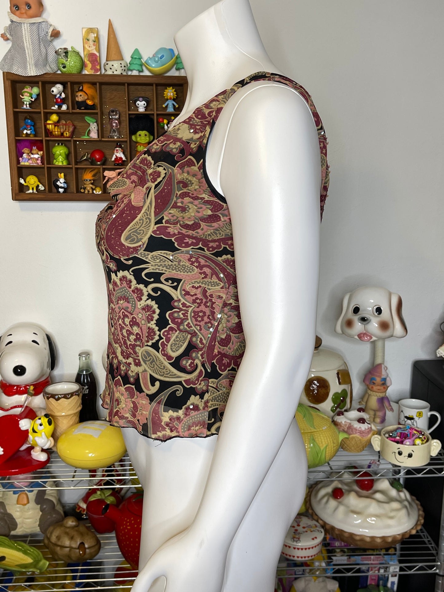 2000s Fairy Paisley Sequin Cowl Neck Tank Sz L
