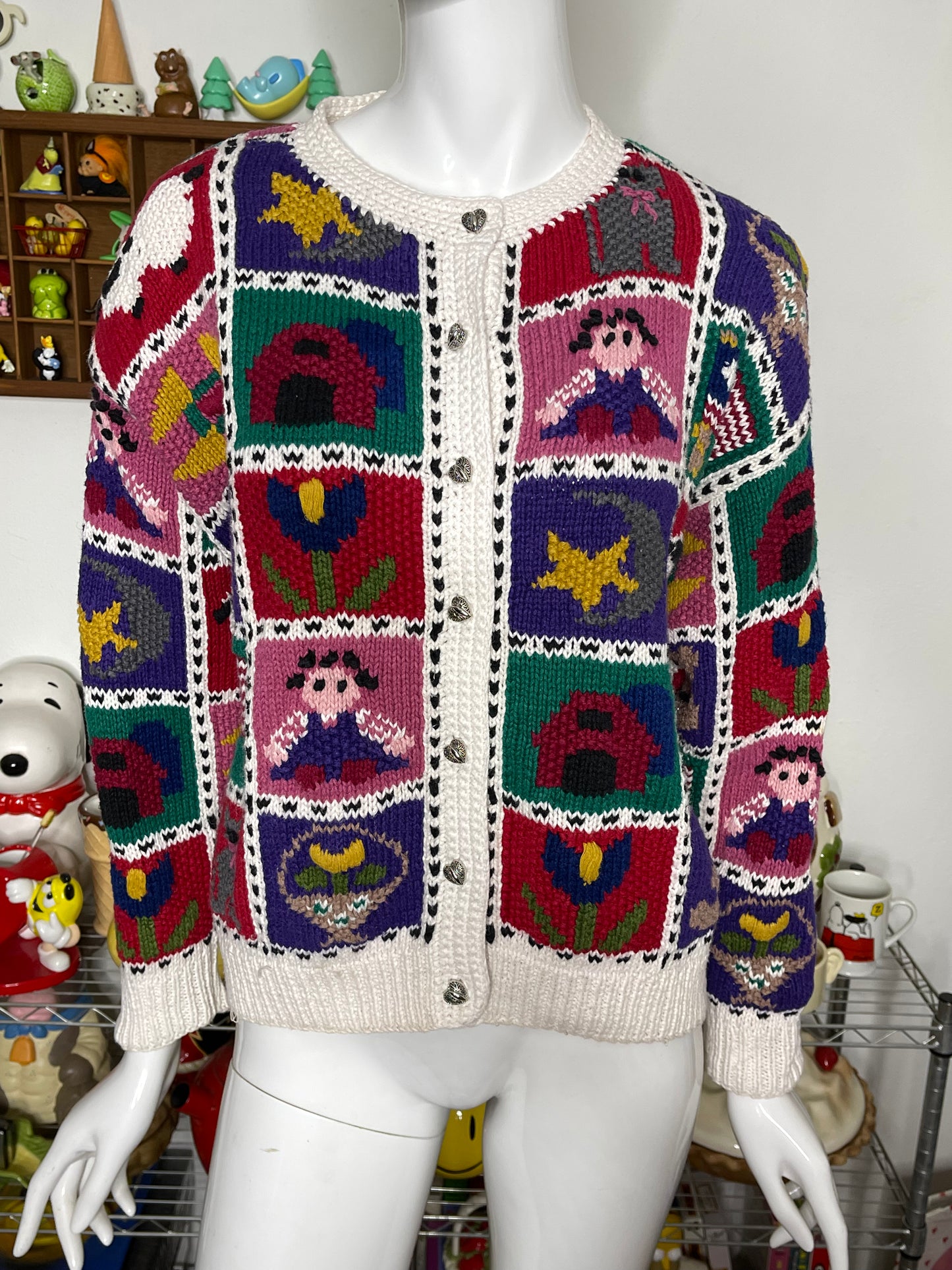 Vintage 90s Chunky Hand Knit Cottage Home Patchwork Cardigan Sz S